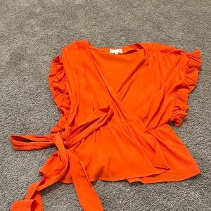 Privacy Please Vibrant Orange Ruffle Wrap Blouse